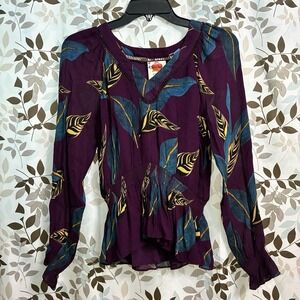 Farm Rio Anthropologie Babydoll Peplum Top XS Purple Tropical Leaf Print